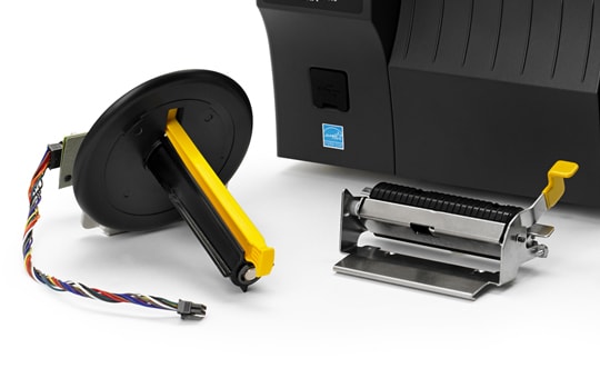 Peel: Liner take-up option — additional full-roll liner take-up spindle accommodates standard printer base